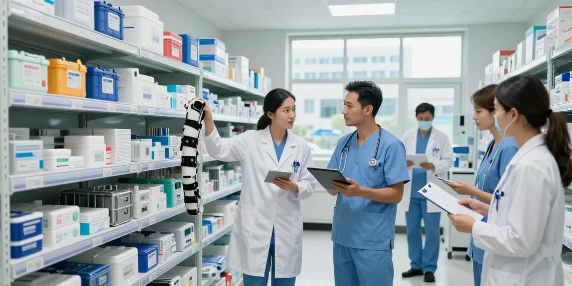 Team of healthcare professionals coordinating medical supplies, emphasizing fournisseur médical within a modern warehouse setting.
