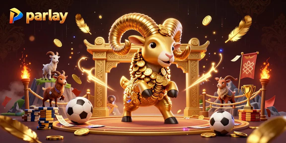 Place bets with parlay strategies as a golden ram charges through a vibrant sports betting arena.