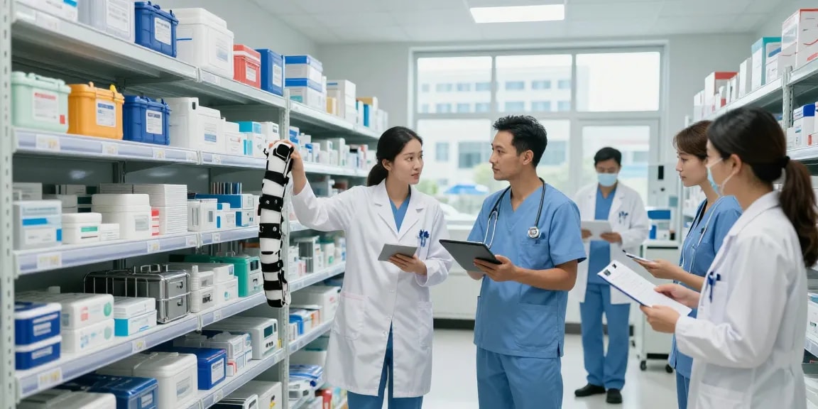 Team of healthcare professionals coordinating medical supplies, emphasizing fournisseur médical within a modern warehouse setting.