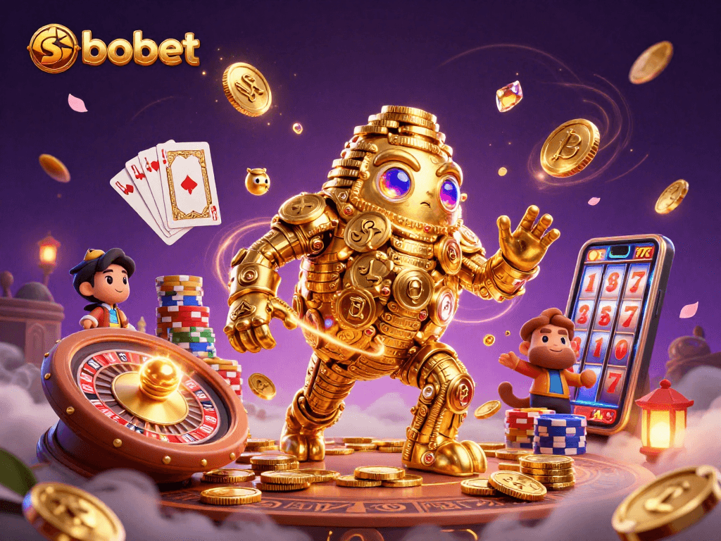 Experience thrilling sbobet sports betting with the energetic golden golem amidst cascading coins and vibrant casino elements.