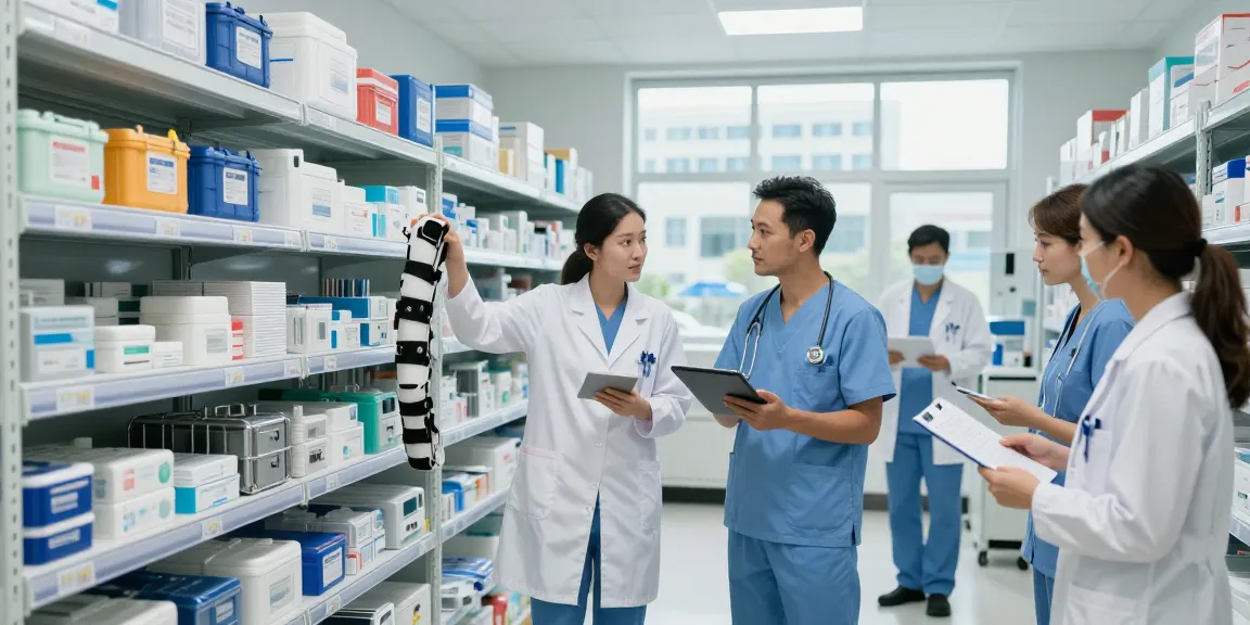 Team of healthcare professionals coordinating medical supplies, emphasizing fournisseur médical within a modern warehouse setting.