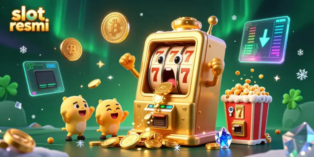Experience the thrill of slot resmi with a cartoon slot machine jackpot celebration in vibrant 3D.