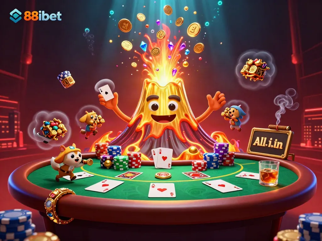 Experience the excitement of winning with 88ibet's vibrant 3D casino scene featuring a volcano of treasure.