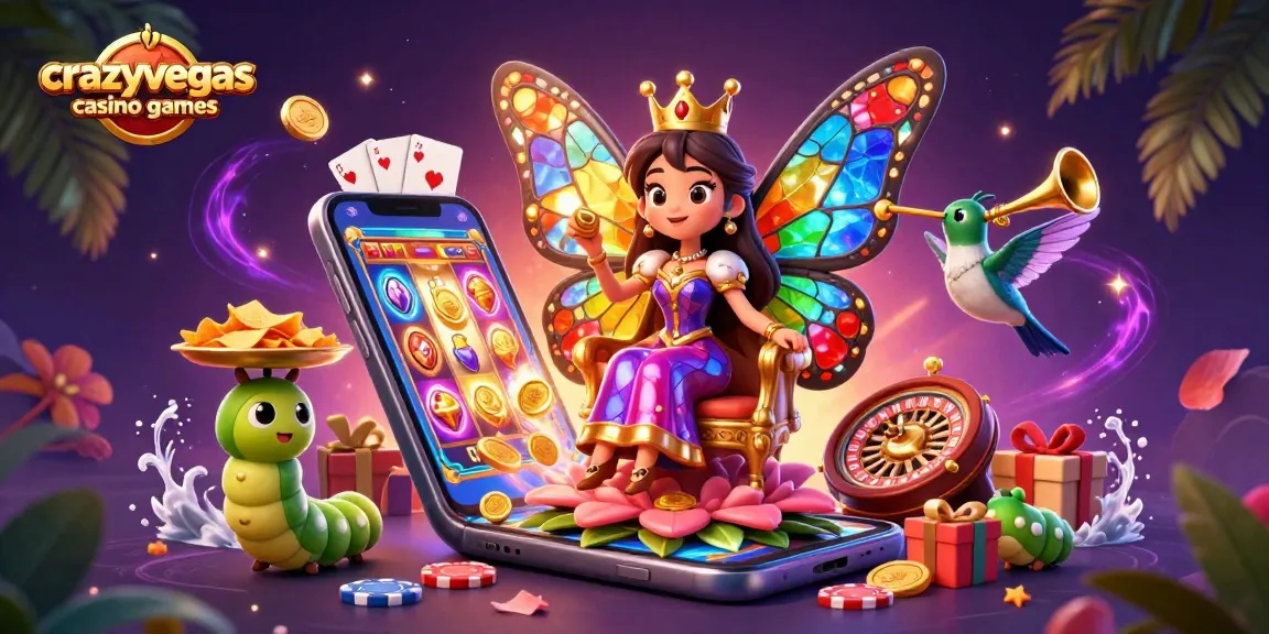 Engage with crazyvegas casino games in a vibrant scene featuring a butterfly queen and dynamic gaming elements.