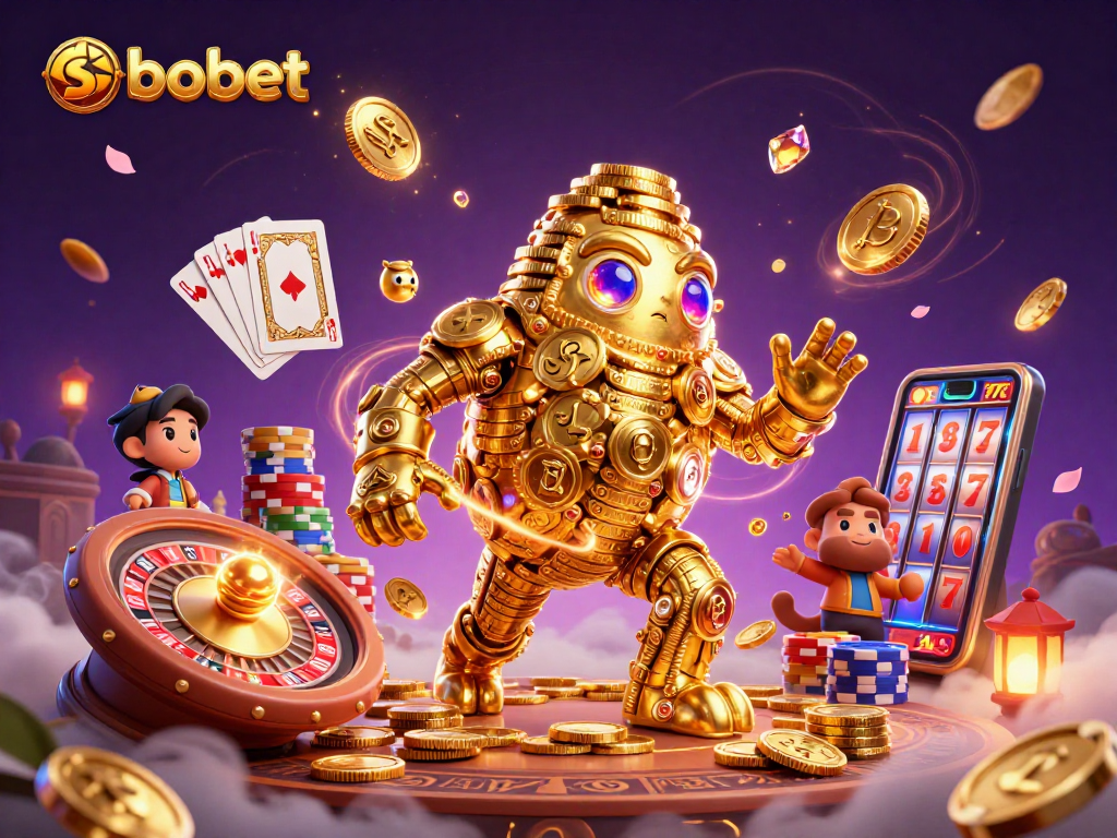 Experience thrilling sbobet sports betting with the energetic golden golem amidst cascading coins and vibrant casino elements.