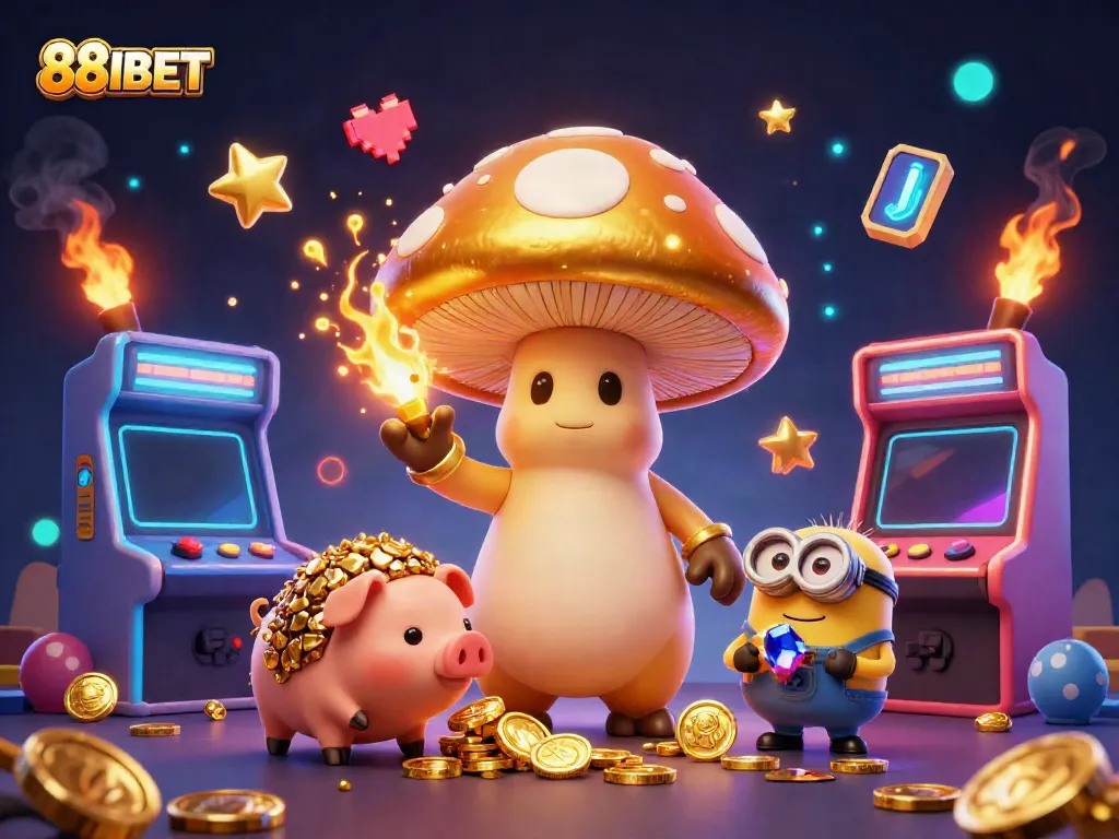 Experience the magic of 88IBET with a whimsical 3D gaming scene of a golden mushroom wizard and retro elements.