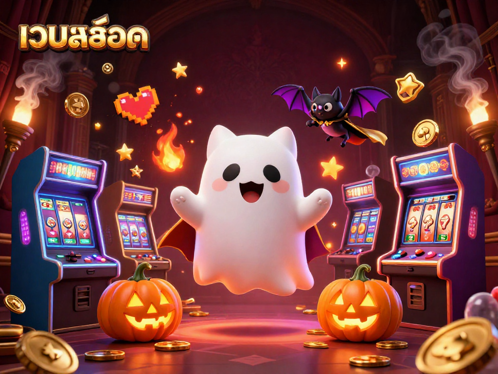 Engage in เว็บสล็อต fun with a ghost cat and vampire bat in a vibrant casino scene filled with slot machines and glowing game elements.