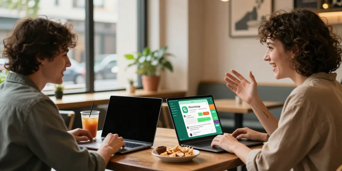 Engaged users enjoying GBApps FMWhatsApp on smartphones in a cozy cafe.