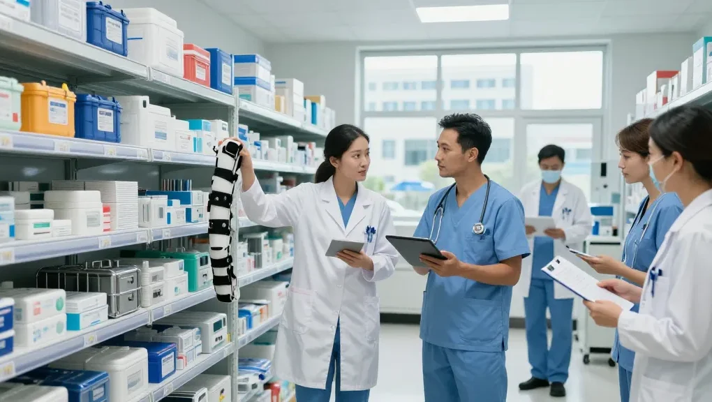Team of healthcare professionals coordinating medical supplies, emphasizing fournisseur médical within a modern warehouse setting.
