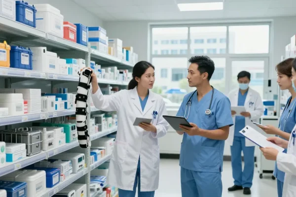 Team of healthcare professionals coordinating medical supplies, emphasizing fournisseur médical within a modern warehouse setting.